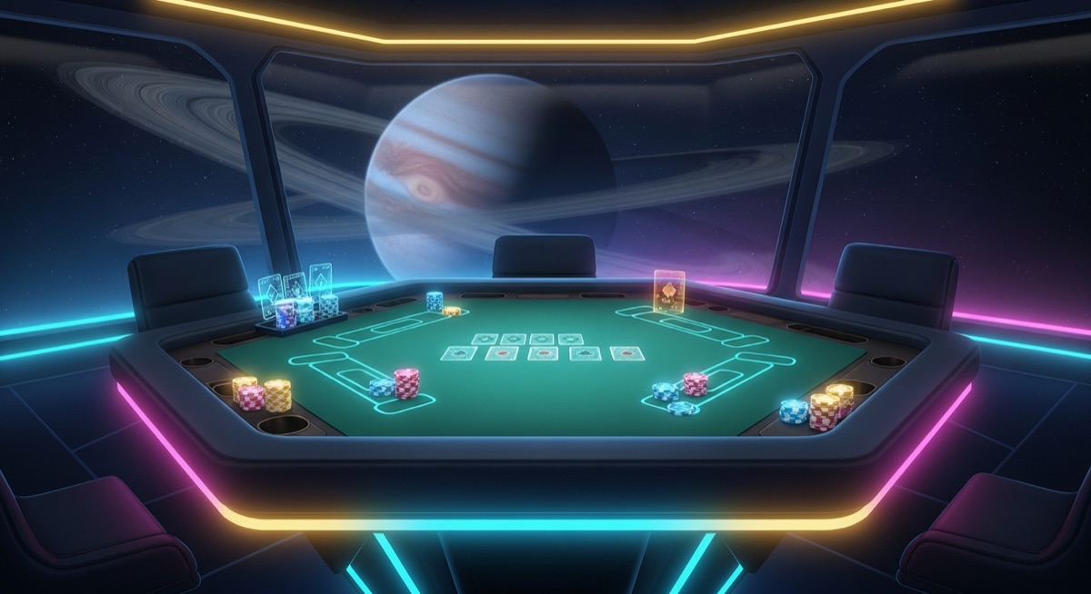 A live 3D Velora52 table — neon rail, community cards out, a ringed planet through the viewport